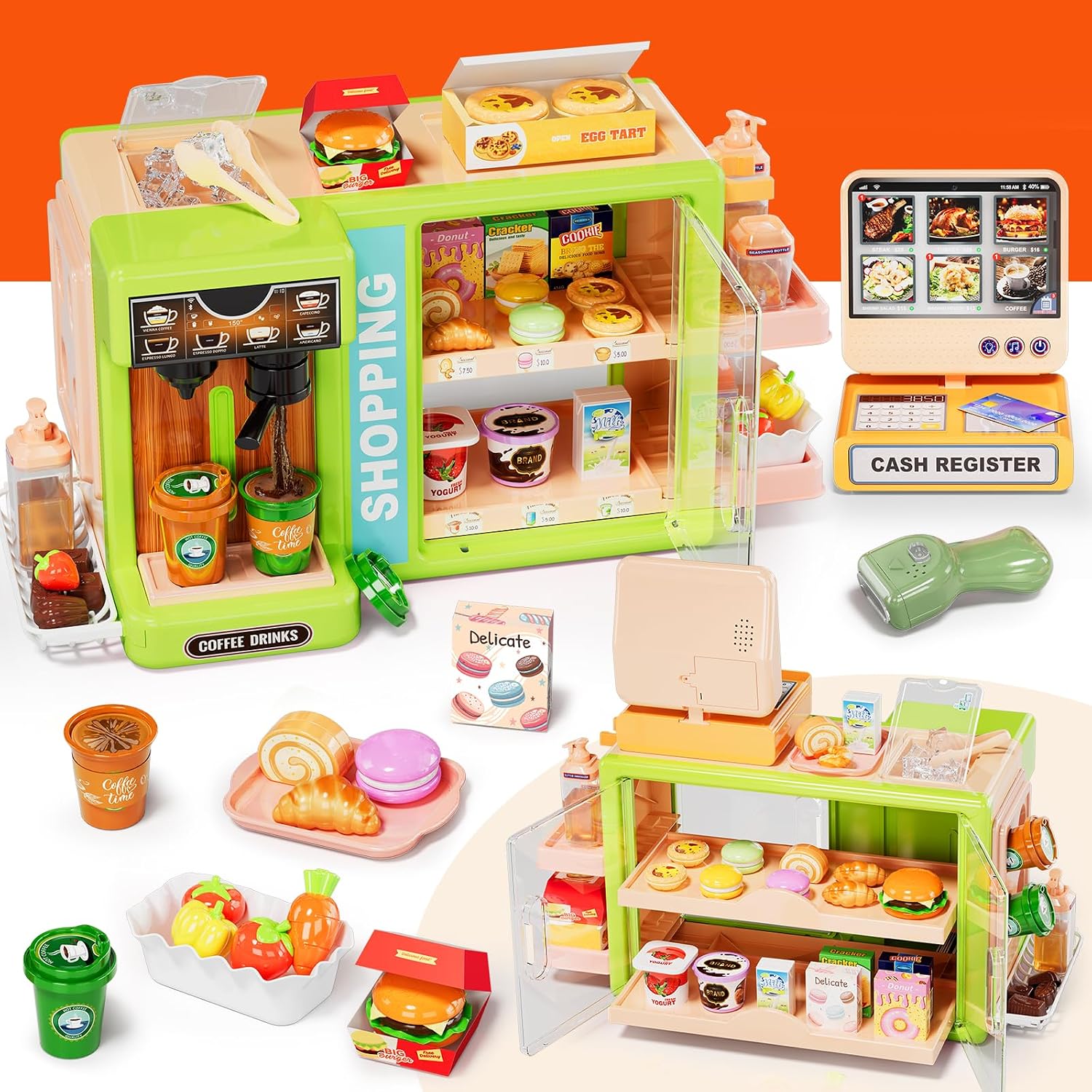Pupu Pig Kids Grocery Store Playset with Realistic Cash Register Toy, Scanner, Play Food, Coffee Maker, Play Money & Credit Card, Preschool Pretend Play Toys for Girls Boys Birthday Gifts Ages 3+