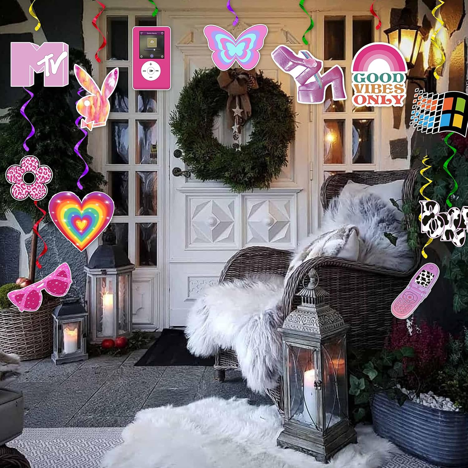 24Pcs Y2k 2000s Pink Party Swirl Decorations Hanging Spiral Decor Whirl Streamers Rainbow Hearts Ceiling Streamers Y2k Spiral Favors for Birthday Female Bachelorette