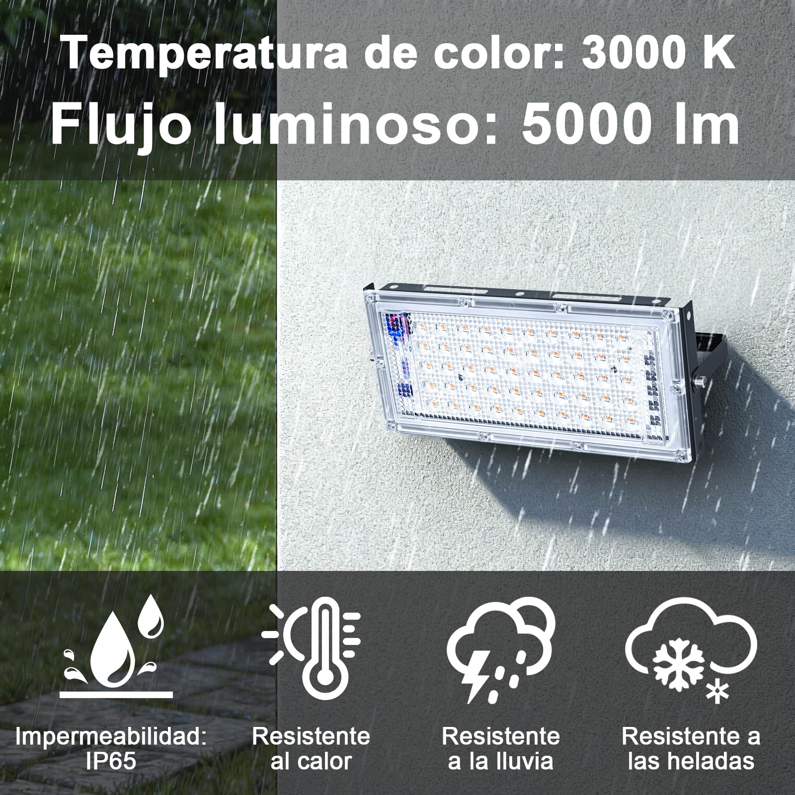 CREATESTAR Foco LED de 50W 2pcs, 3000K, Luz blanca cálida, Foco Led con Enchufe 5000lm IP65 Iluminación de Seguridad para Casa, Patio, Garaje, Terraza