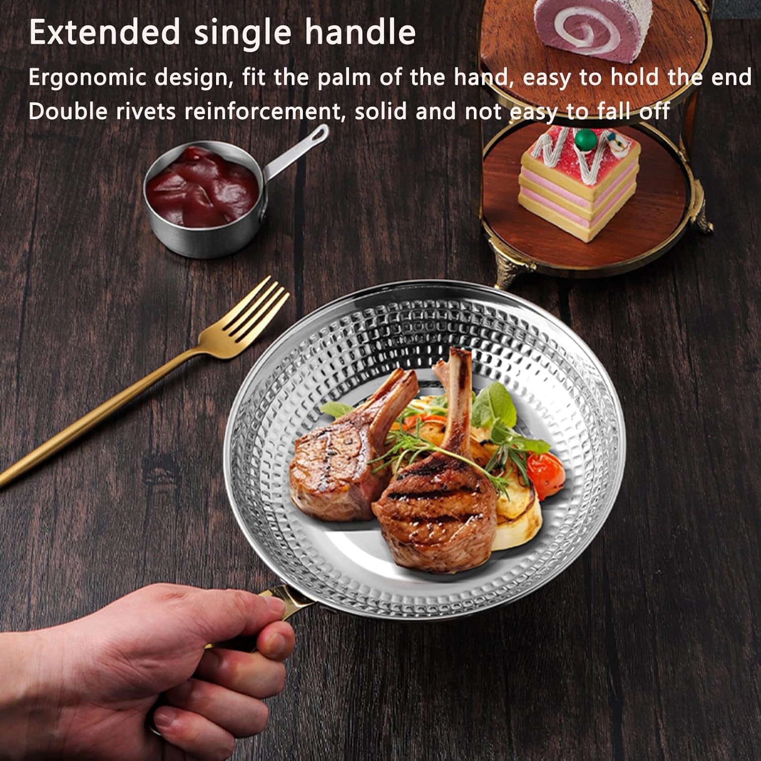 Stainless Steel Round Pizza Tray with Single Handle - 14-24cm Hammered Serving Platter Baking Sheet Paella Pan Omelet Pan for Fish Dessert Meat Sushi (20CM,Silver)