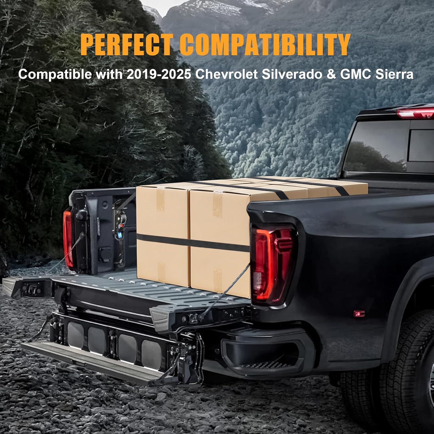 Retractable Ratchet Straps Compatible with 2019-2025 Chevrolet Silverado & GMC Sierra Retracting Straps Auto Retract Securing Strap Tie Down System, 2PCS