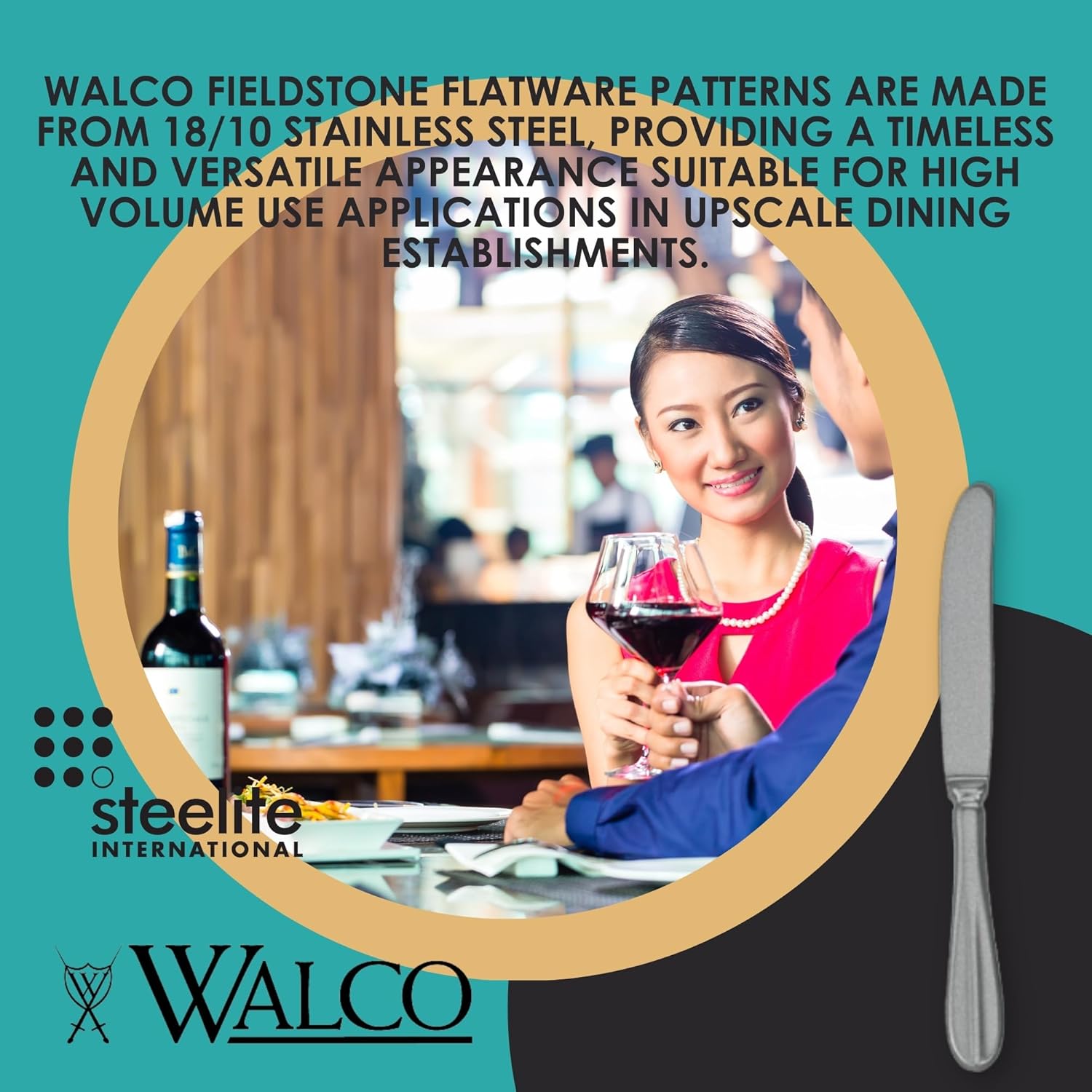 Steelite Stainless Steel Dinner Knives, Walco Lancer Fieldstone 18/10 Flatware Knife, Burnished Finish Silverware Utensils, Commercial Restaurant, Foodservice Use, 9.1" Long, Set of 12