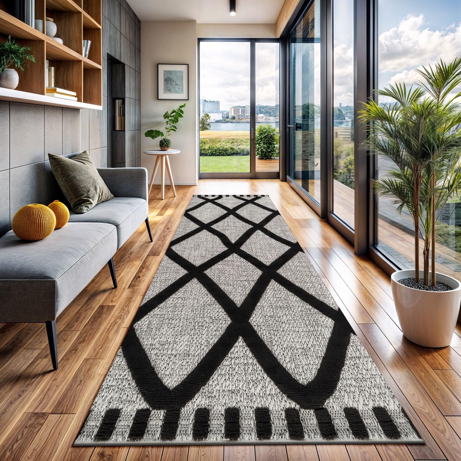 CAMILSON Modern Runner Rug 2x7 Luxury Diamond Pattern Micro Loop Hallway Rugs Soft High-Low Pile Stain Resistant Easy to Clean Non-Shedding Durable Entryway Kitchen Indoor Area Carpet (Black/White)