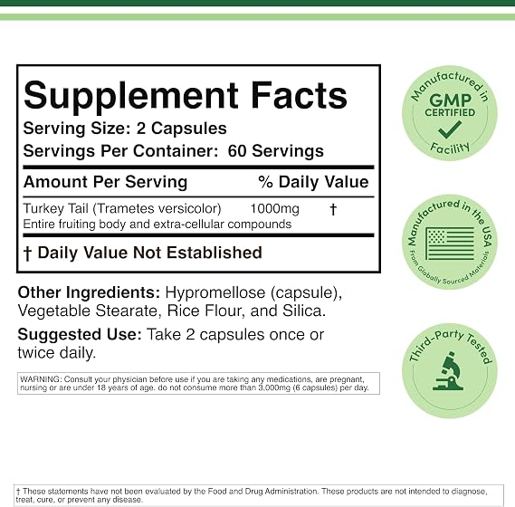 Turkey Tail Mushroom Supplement (120 Capsules - 2 Month Supply) (Coriolus Versicolor) Comprehensive Immune System Support, Non-GMO, Gluten Free, Grown and Encapsulated in The USA by Double Wood