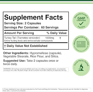 Turkey Tail Mushroom Supplement (120 Capsules - 2 Month Supply) (Coriolus Versicolor) Comprehensive Immune System Support, Non-GMO, Gluten Free, Grown and Encapsulated in The USA by Double Wood