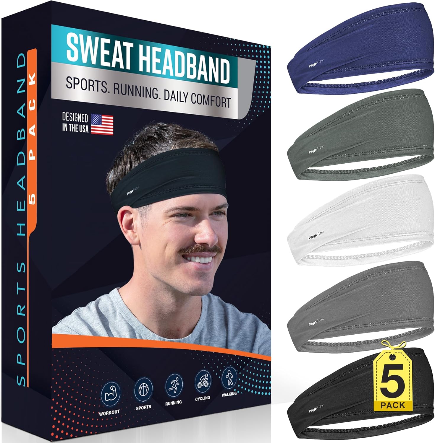 5 Pack Sport Headbands for Men & Women - Sweat-Wicking Workout & Running Head Bands - Exercise Sweat Band for Workout, Basketball, Tennis, Cycling, Yoga