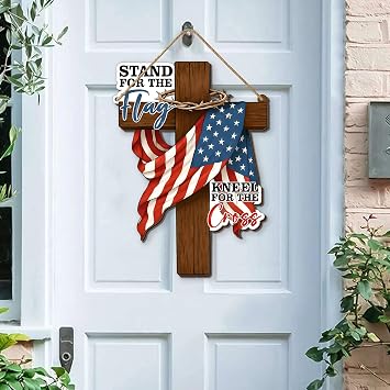 American Flag Christian Cross Hanging Sign, Wooden 4th of July Patriotic Plaque, Stand For The Flag Kneel For The Cross Jesus Door Hanger, USA Memorial Independence Day Porch Wall Decor for Christians