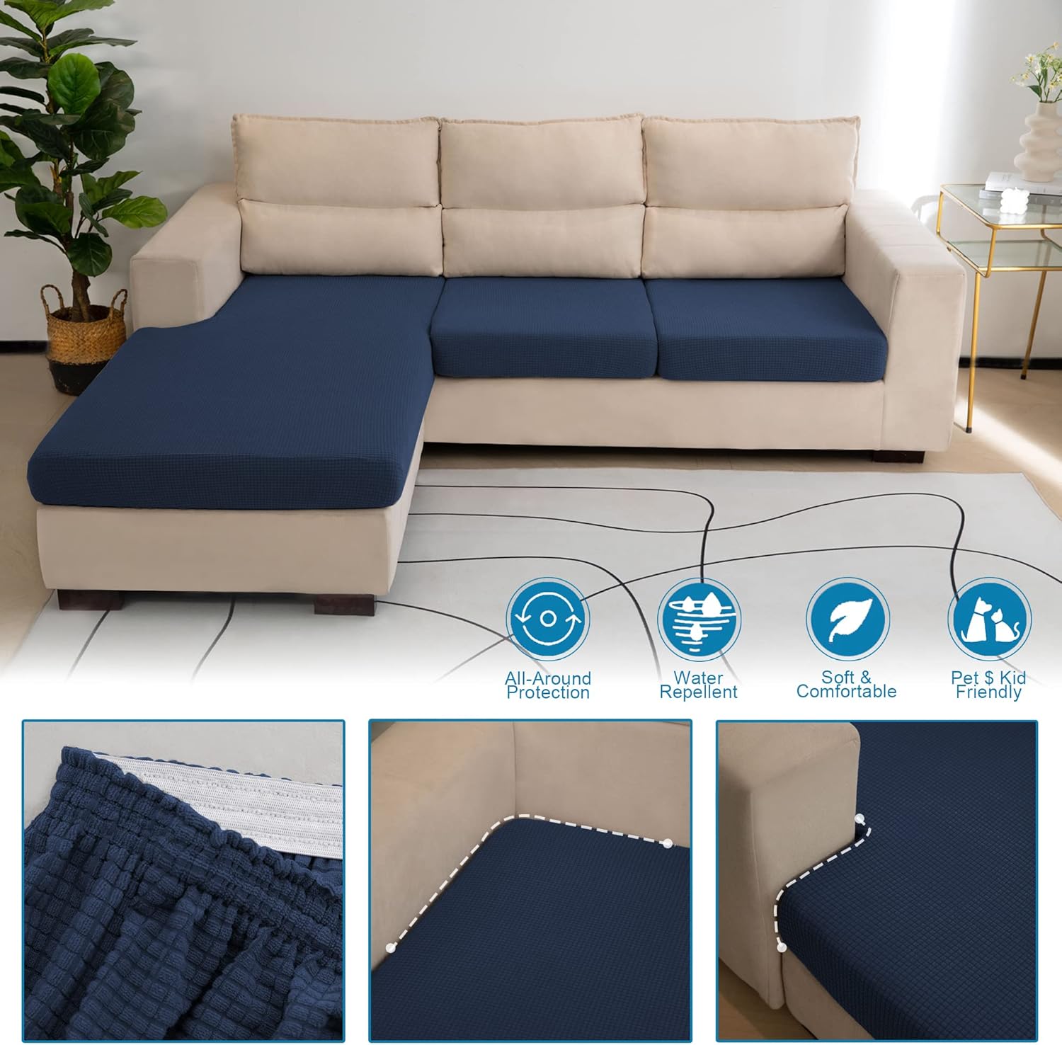 Water Repellent Couch Cushion Cover 3 Pieces Sofa Seat Cushion Covers, Stretch Separate Sectional Sofa Slipcover Furniture Protector(3 Pieces for Seat or Backrest, Navy)