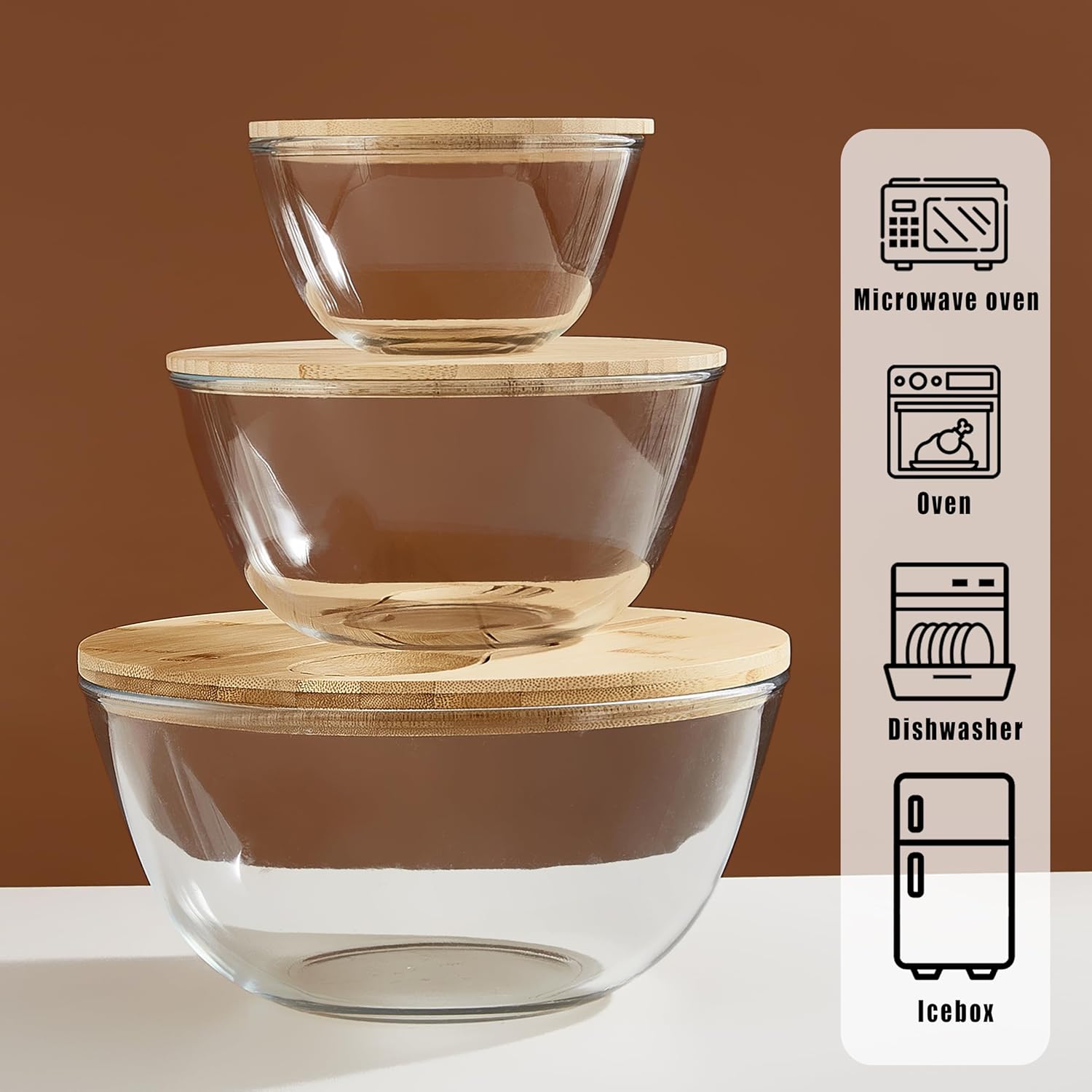 Glass Mixing Bowls Glass Salad Bowls with Bamboo Lids & Utensils Set of 3, Large Capacity Serving Bowl, 3pc Nesting Containers with Wood Lids, Microwave Safe Baking Bowls for Kitchen