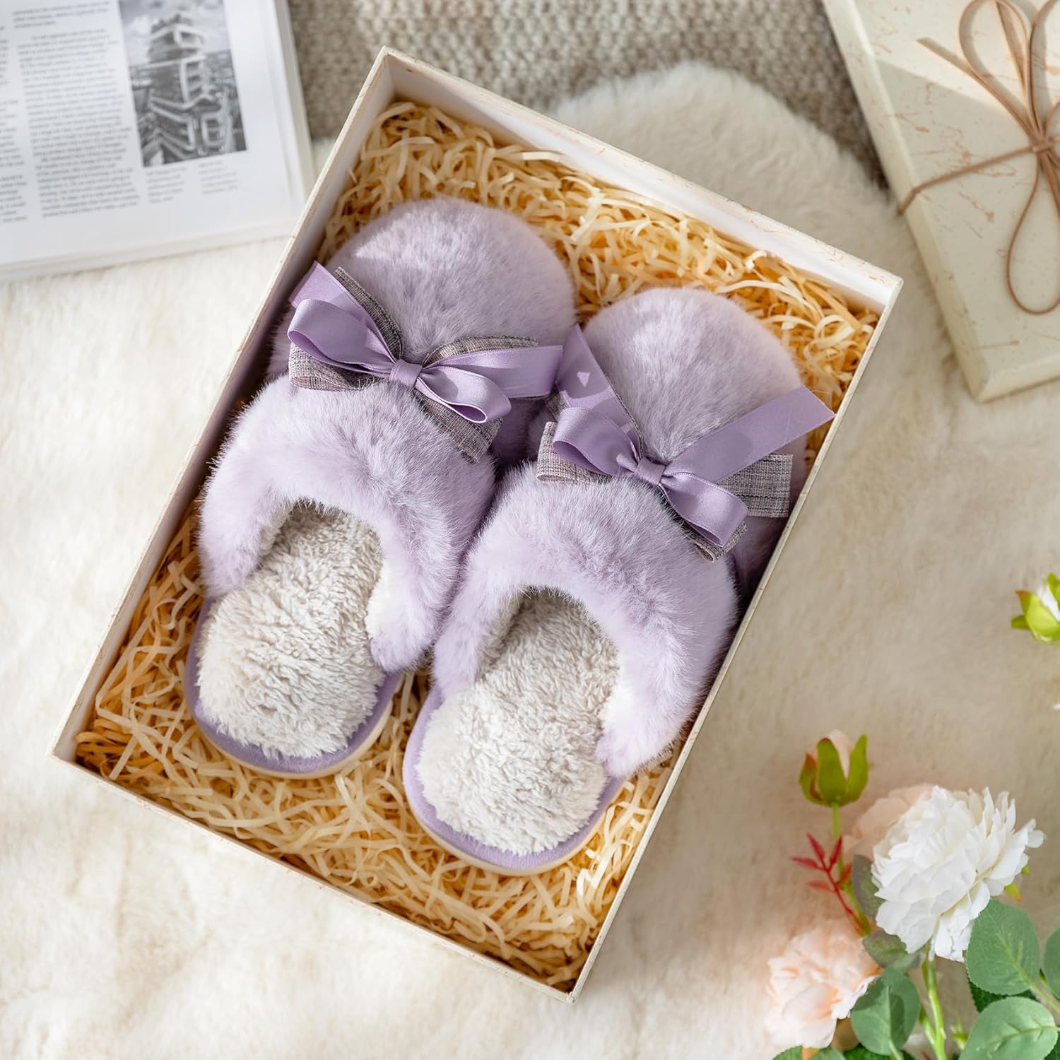 Cute Women's Memory Foam House Slippers - Fuzzy Plush Faux Fur Slippers with Bow Butterfly Tie - Anti-Skid Indoor/Outdoor Gifts for Women, Moms & Ladies - Image 3