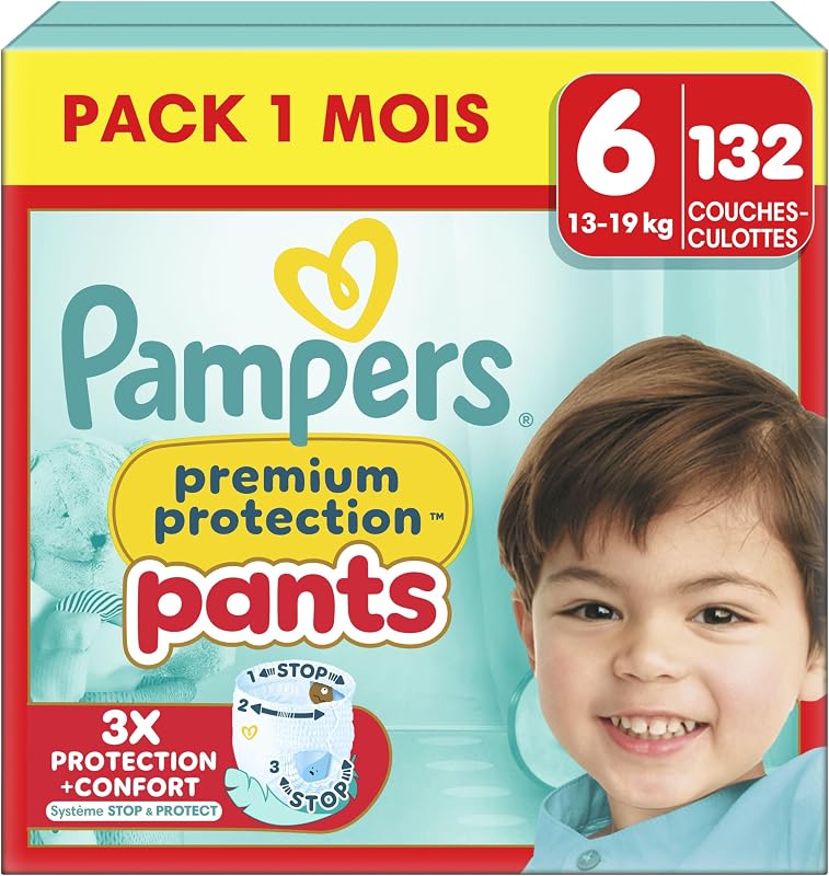 Pampers Premium Protection Pants, Taille 6, 132 Couches-Culottes, 15kg+, Notre Meilleur Confort & Protection, Maintien 360° Contre Les Fuites et Matières Ultra-Douces, Pack 1 Mois