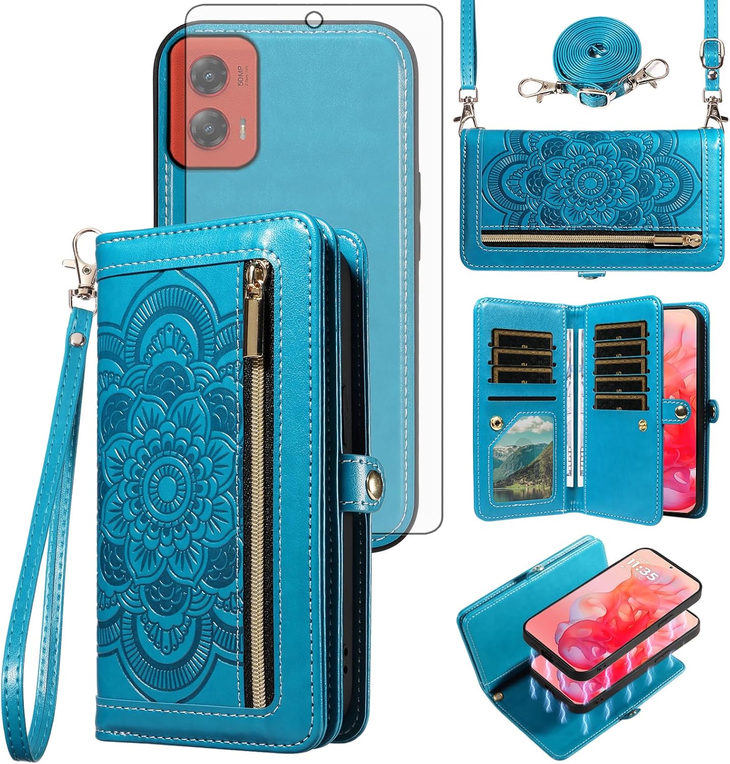 Asuwish Phone Case for Motorola Moto G Stylus 5G 2024 Zipper Wallet Magnetic Detachable Cell Cover with Tempered Glass Screen Protector Crossbody Lanyard Strap Mandala Flower Card Holder G5 Women Blue
