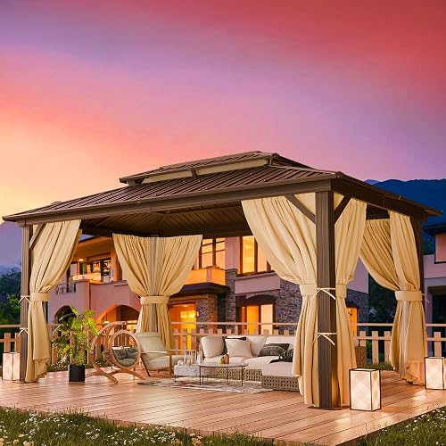 Tooluck 10x12 Hardtop Gazebo with Heavy Duty Galvanized Steel Double Metal roof, Aluminum Frame, Patio Hard Top Screened in Gazebo with Curtains, Outdoor Permanent Pavillon for Backyard, Brown
