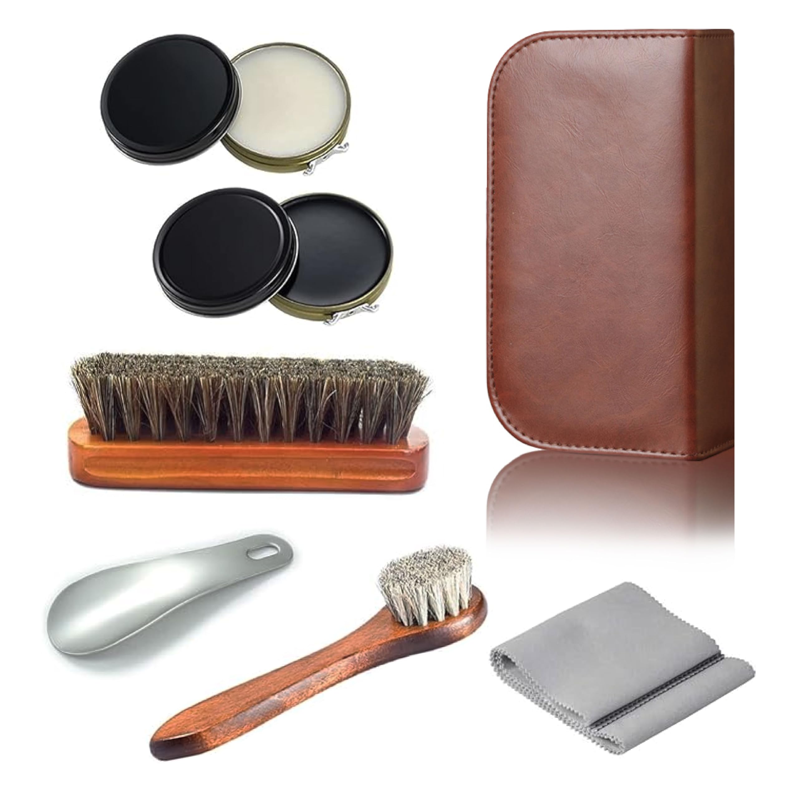 Premium Schuhpflegeset mit mittelgroßer Rosshaarbürste, runder Bürste, schwarz-weißer Schuhcreme, Poliertuch, Schuhlöffel und eleganter Aufbewahrungsbox – sehr geeignet für Reisende zu Hause
