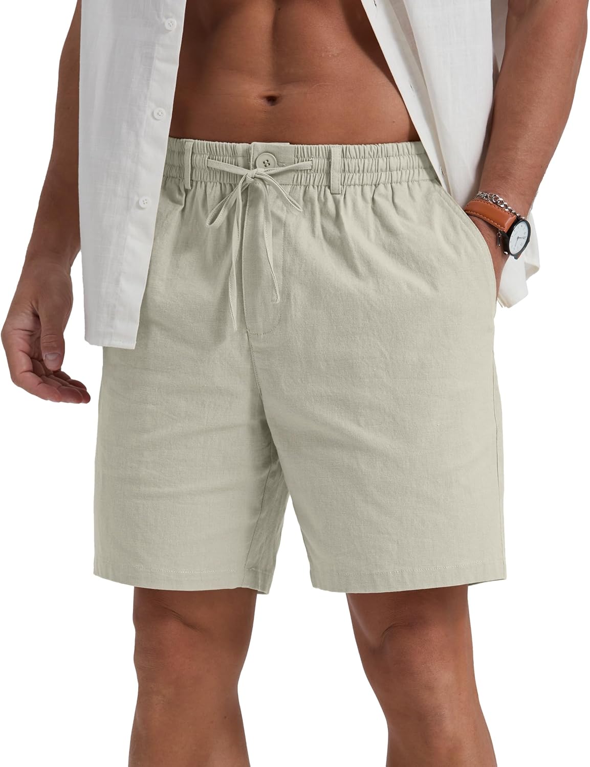 Sailwind Men's Linen Casual Shorts Elastic Waist Drawstring Summer Beach Shorts with Pockets - Image 3