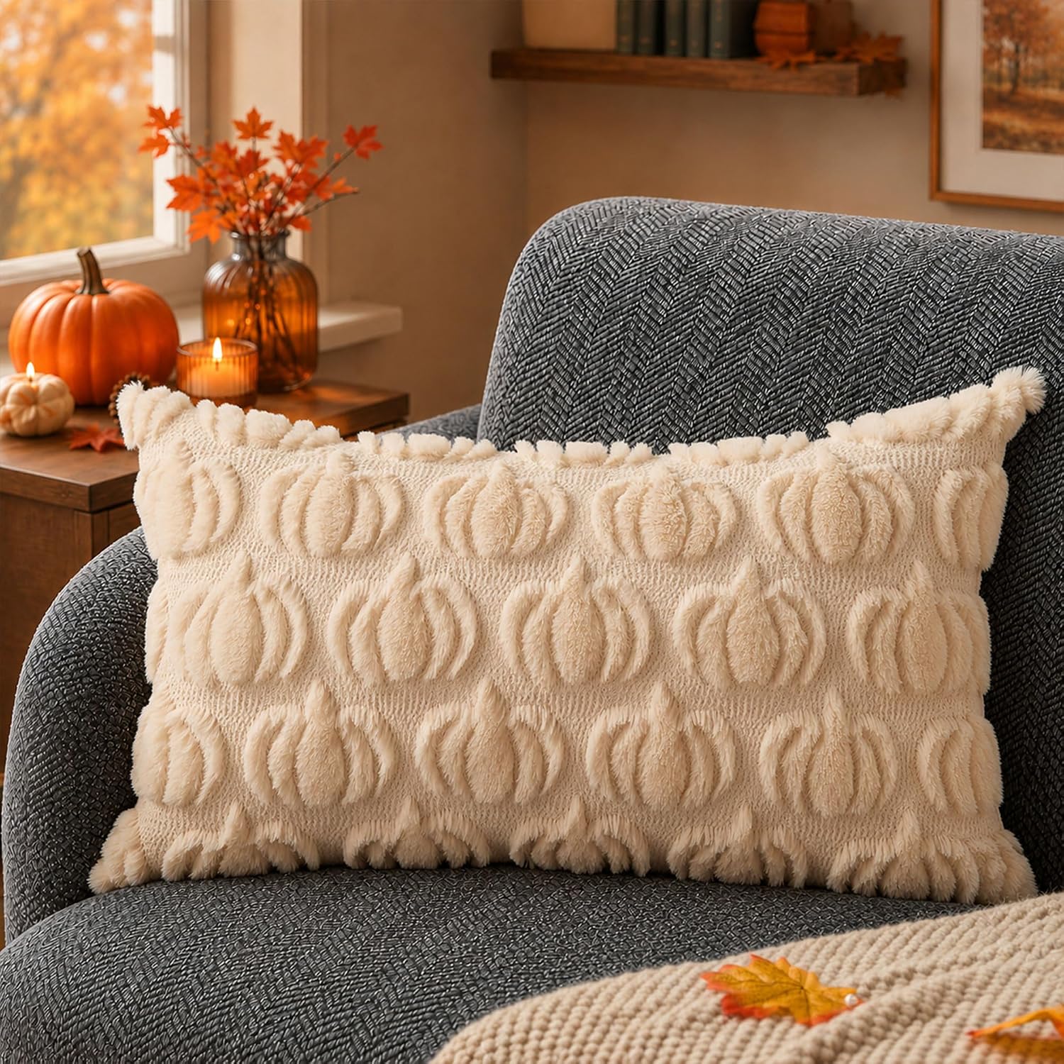 DFXSZ Fall Pillow Covers 12x20 Beige Plush Small Pumpkins Decor YZT099A12 image 4