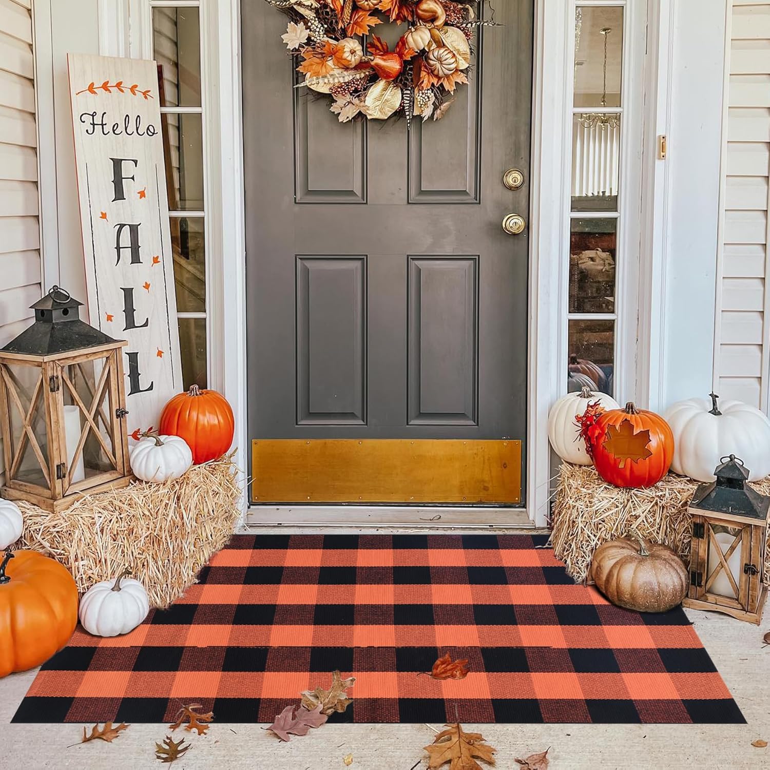 Fall Plaid Area Rug 3x5 Ft Orange and Black Buffalo Check Large Farmhouse Cotton Rug Hand-Woven Washable Indoor