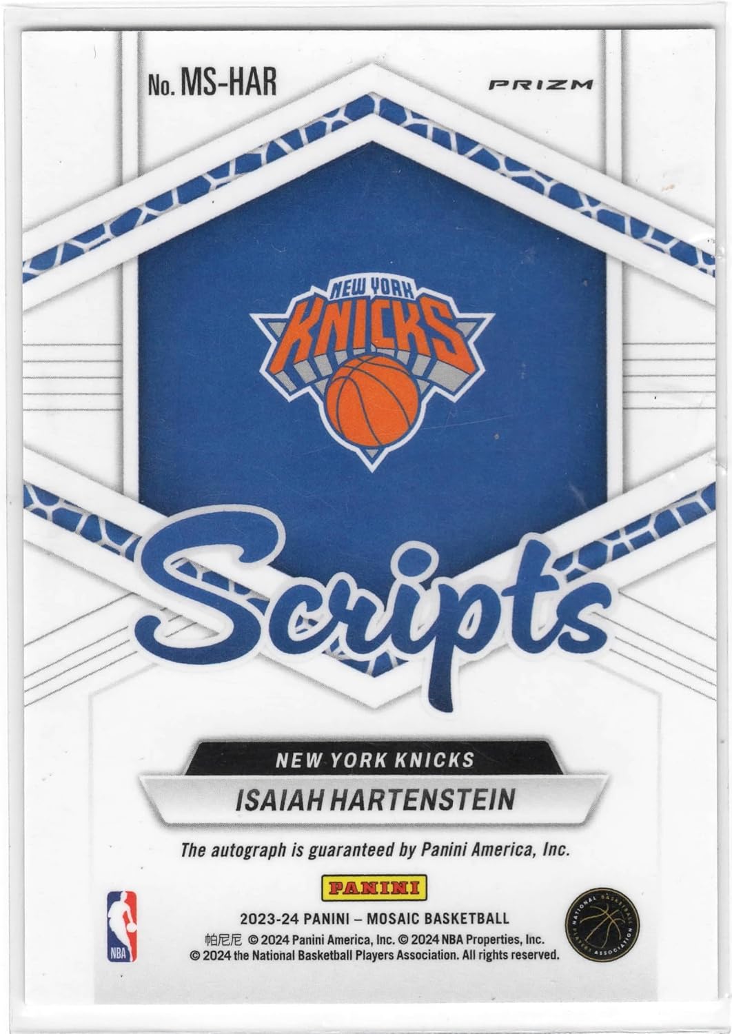 Isaiah Hartenstien Autographed Mosaic Scripts Parallel Prizm Collectible Basketball Card - 2024 Prizm Basketball Card #MS-HAR (Knicks)