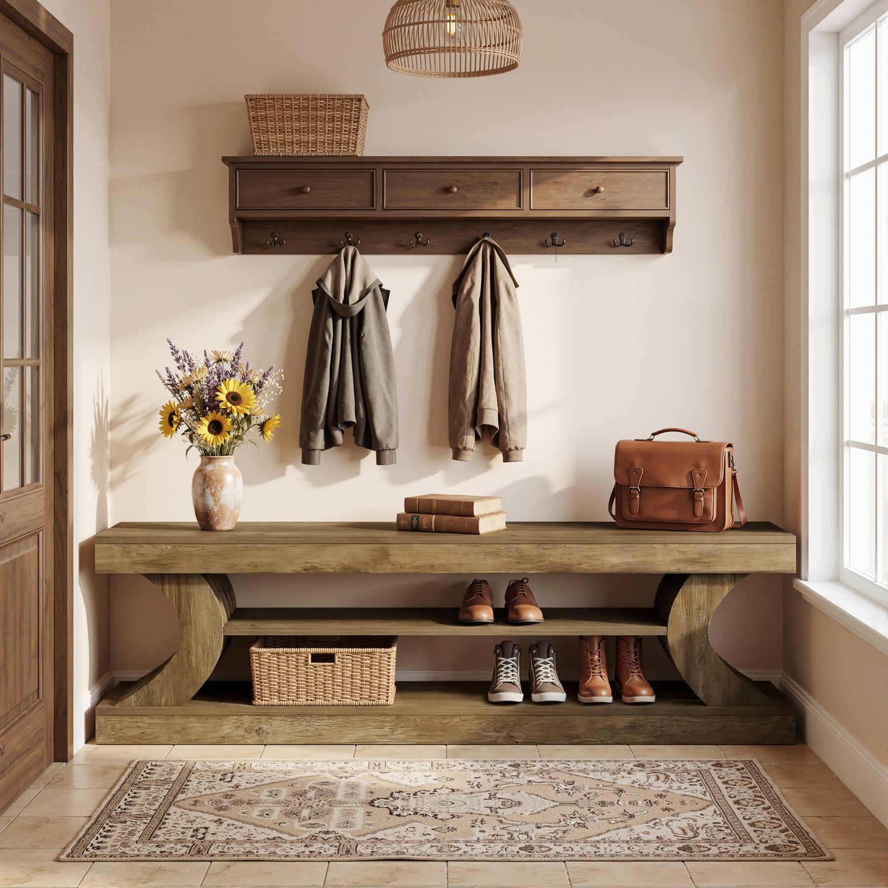 Tribesigns Schuhbank mit Sitzfläche 160 cm, 3-stufige schuhschrank mit offenen Ablagefächern, Schuhregal mit Sitzbank aus Holz für Schlafzimmer, Eingangsbereich, Wohnzimmer, Diele, Flur, Braun