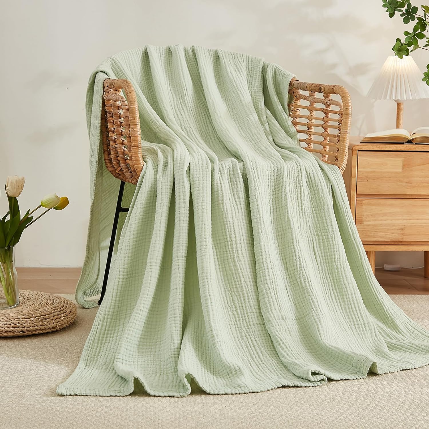 EMME Cotton Blanket Queen Size for Bed Soft Large Muslin Bed Blankets 90"x90" Lightweight Breathable All Season Gauze Blanket, Mint Green - Image 6