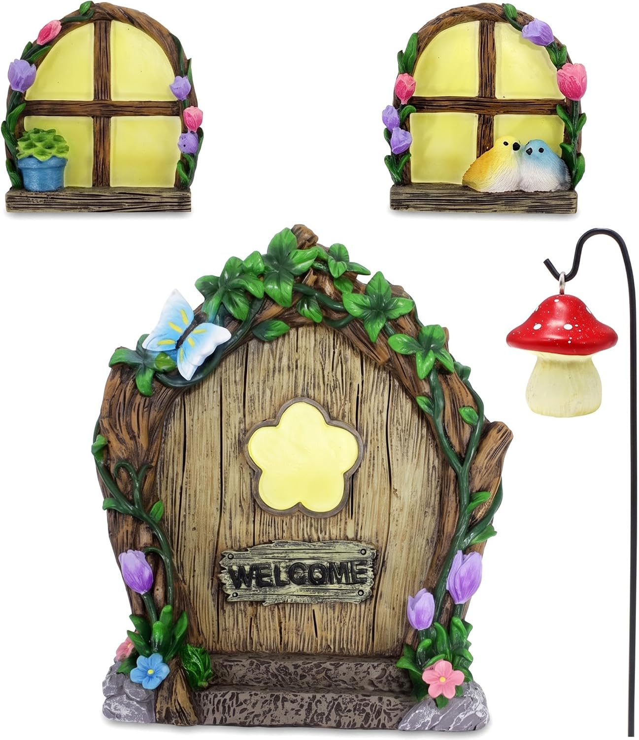 Fairy Door and Windows,Glow in the Dark Fairy Garden Miniature Accessories for Tree Stump Decor Resin Fairies House Kit with Fairy Lantern for Outdoor Yard Lawn Gnome Garden Decor