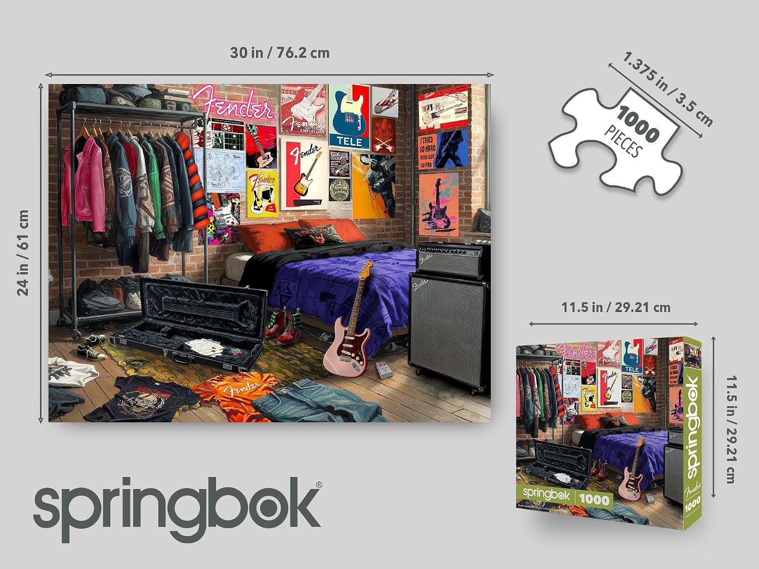 Springbok Fender Fanatic Den 1000 Piece Jigsaw Puzzle for Adults - Poster Now Included - Guitar Music Room Art, Rock & Roll Collectors Scene - Unique Cut Pieces - Made in USA