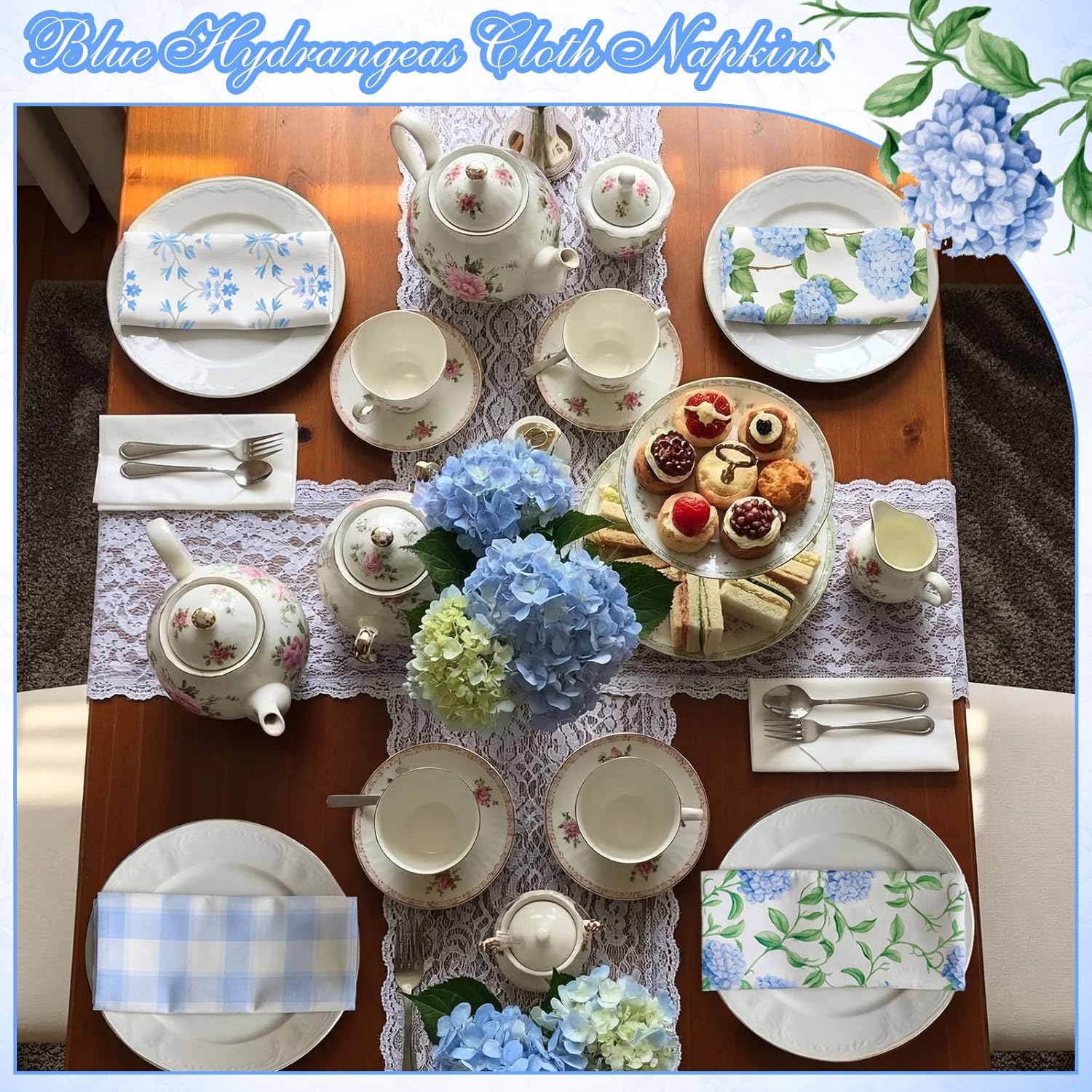 12 Pcs Floral Cloth Napkins 6 Patterns Washable Dinner Tea Party Napkins Reusable Plant Flowers Square Napkin Cotton Towel Decorative for Summer Wildflower Party(Blue Hydrangea)
