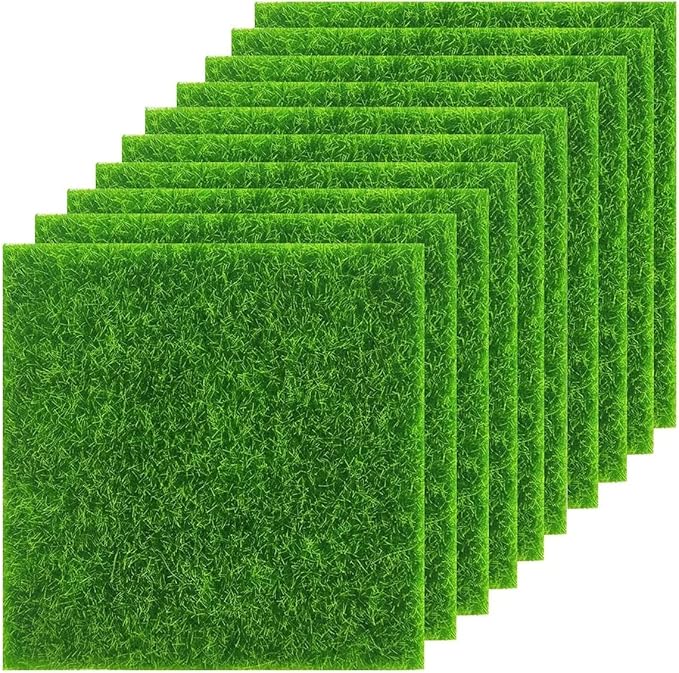 KAHEIGN 10Pcs Artificial Grass Mat, 15CM x 15CM Realistic Garden Lawn