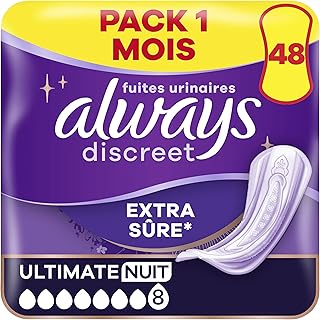 Always Discreet Extra Secure, Serviettes Pour Incontinence ou Fuites Urinaires, Fuites Importantes, Format Eco, 7 Gouttes, Ultimate Night, 48 Pochettes Individuelles (4 x 12 unités)
