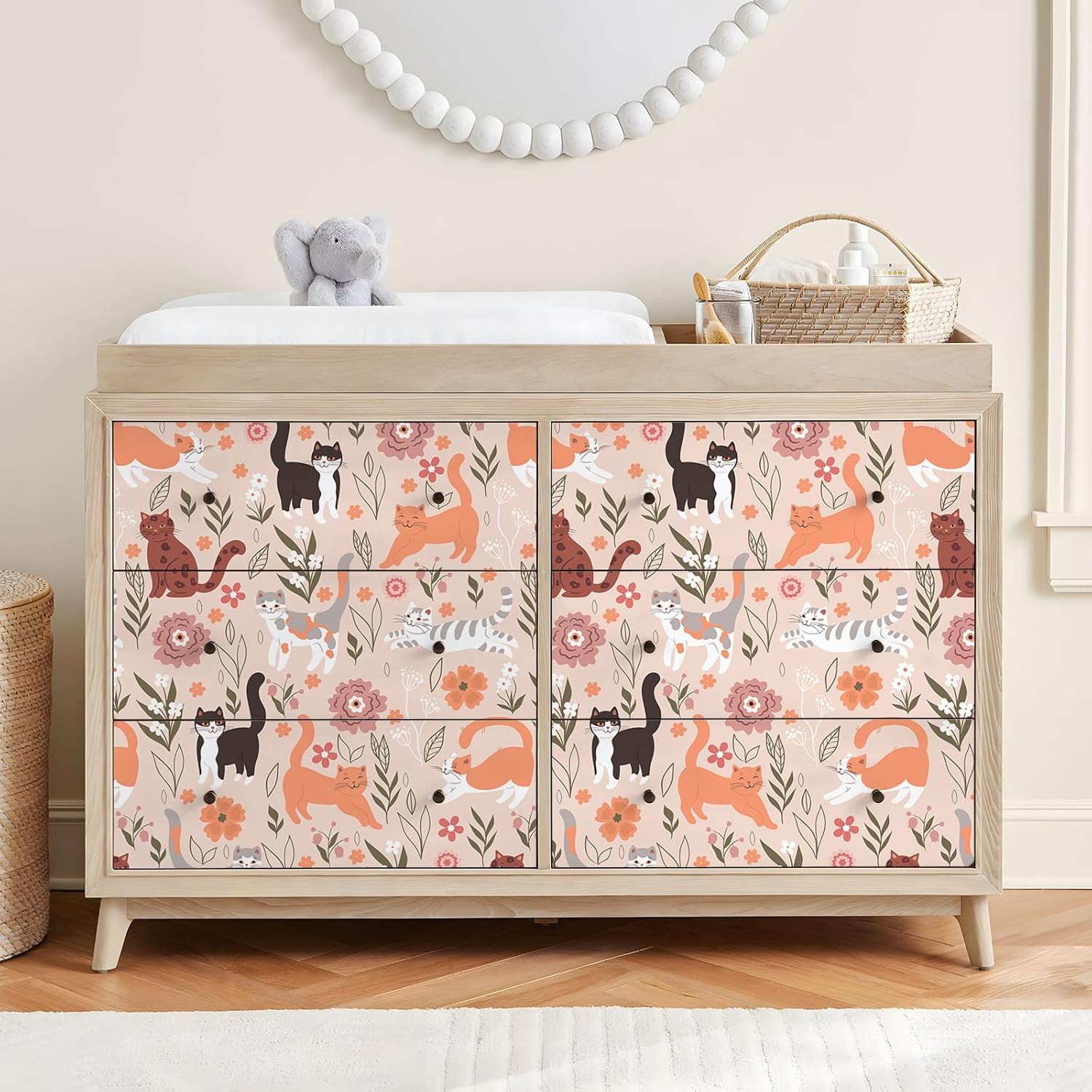 VEELIKE Pink Cat Floral Wallpaper Peel and Stick Cute Animal Cat Wallpaper Stick and Peel for Nursery Kids Bedroom 17.7''x354'' Self Adhesive Removable Wallpaper Pink Cat Wall Mural for Playroom Walls