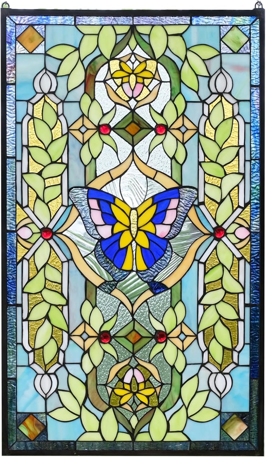 Handcrafted Hanging Stained Glass Window Panel Butterfly Flower, 20.5"x34.75"