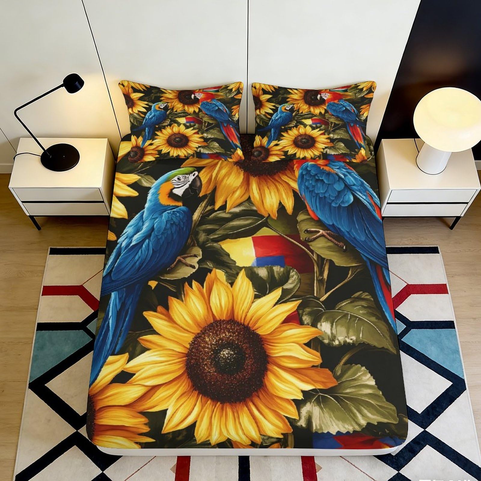 3D Printed Sunflower Parrot Fitted Sheet Microfiber Soft Breathable Sunflower Bed Cover for Bedroom Dormitory Guest Room Mattress Protection 140x200x25cm