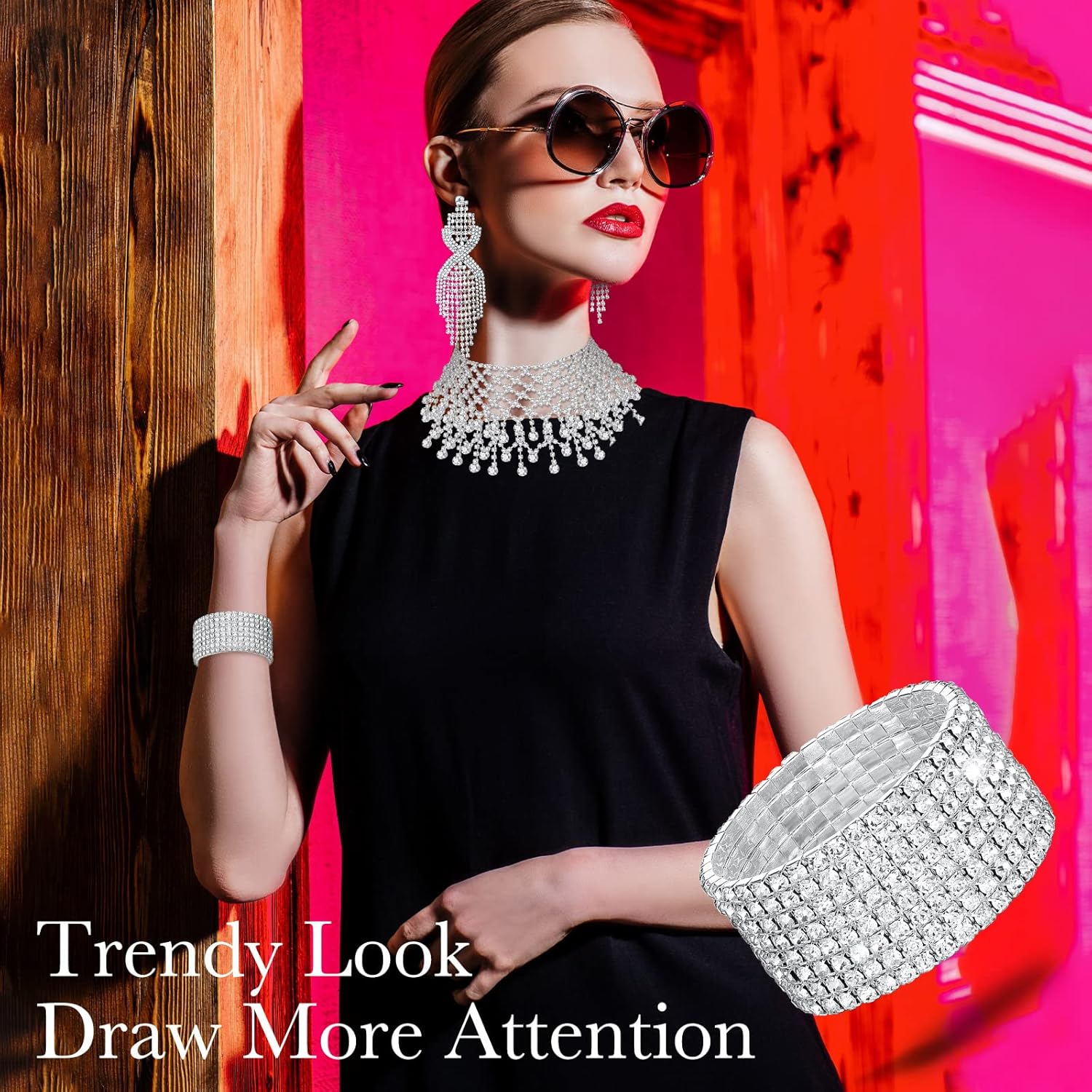 3 Pcs Women Crystal Jewelry Set Includes Bridal Wedding Rhinestone Choker Necklace Crystal Bracelets and Dangle Earrings - Image 4