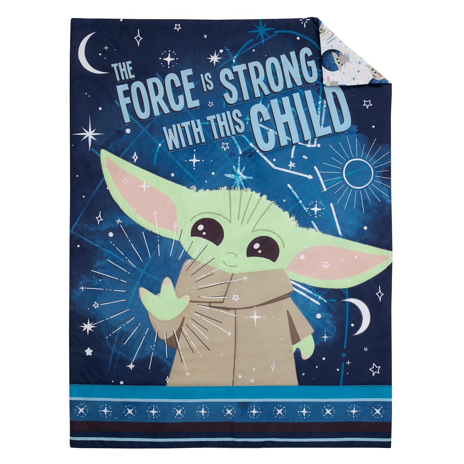NoJo Star Wars The Child Little Bounty Blue, Green and White Grogu The Force is Strong with This Child 4 Piece Toddler Bed Set Comforter, Fitted Bottom Sheet, Flat Top Sheet and Reversible Pillowcase