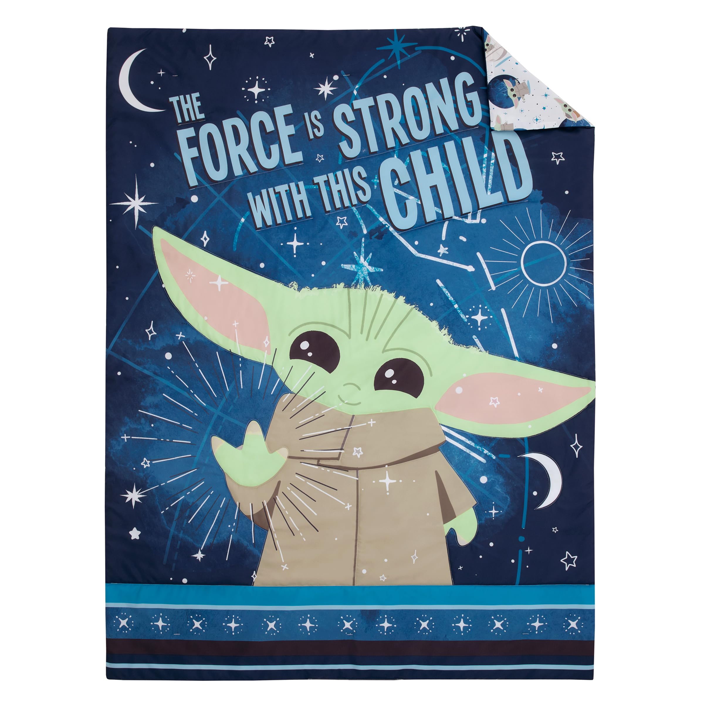Parure de lit 4 pièces Star Wars The Child Little Bounty Grogu « The Force is Strong with This Child » pour Enfant – Couette, Drap-Housse ajusté, Drap Plat et taie d'oreiller réversible