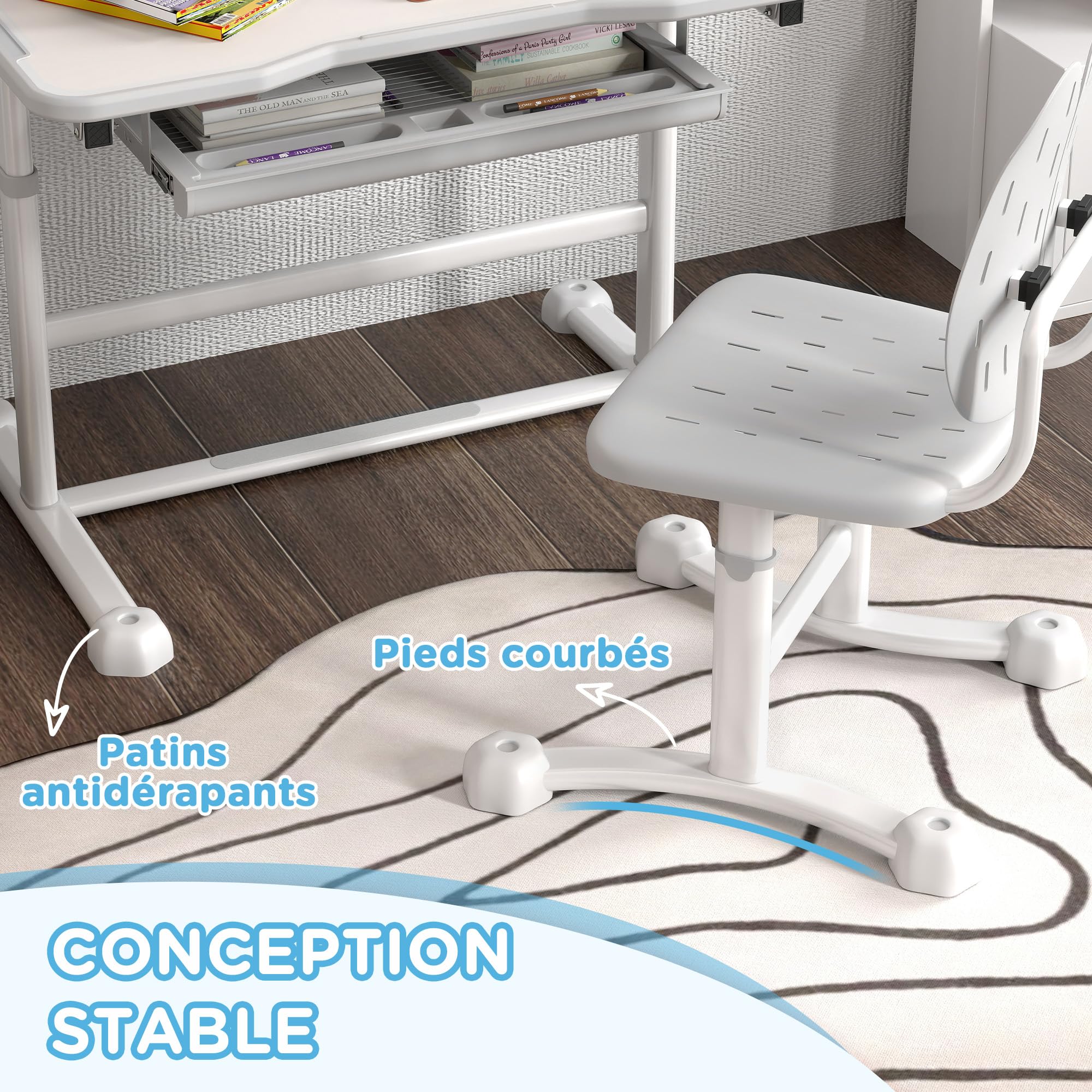 AIYAPLAY Scrivania Bambino con Sedia, Set Scrivania e Sedia per Bambini con Regolabile in Altezza, Vassoio inclinato 45°, Cassetto e Supporto Libro per Bambini dai 3 ai 12 anni, Grigio