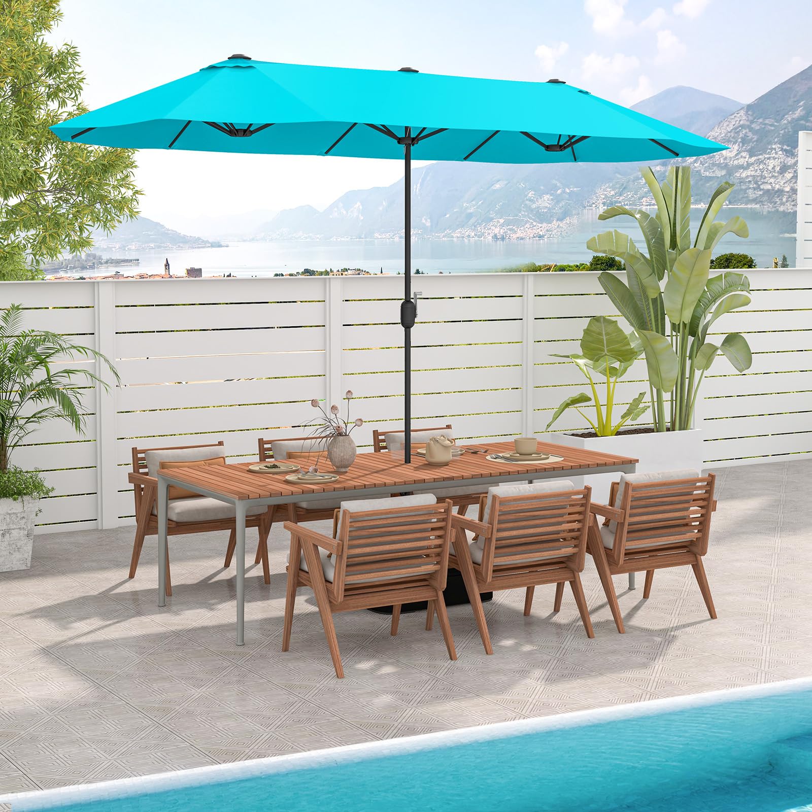 GOPLUS 4x2m Sombrilla Doble Terraza Exterior con Base, Parasols Jardin Grandes con 12 Varillas, Manivela, Protección Solar, Sombrilla Rectangular para Terraza, Piscina, Playa(Turquesa, 4x2 m)