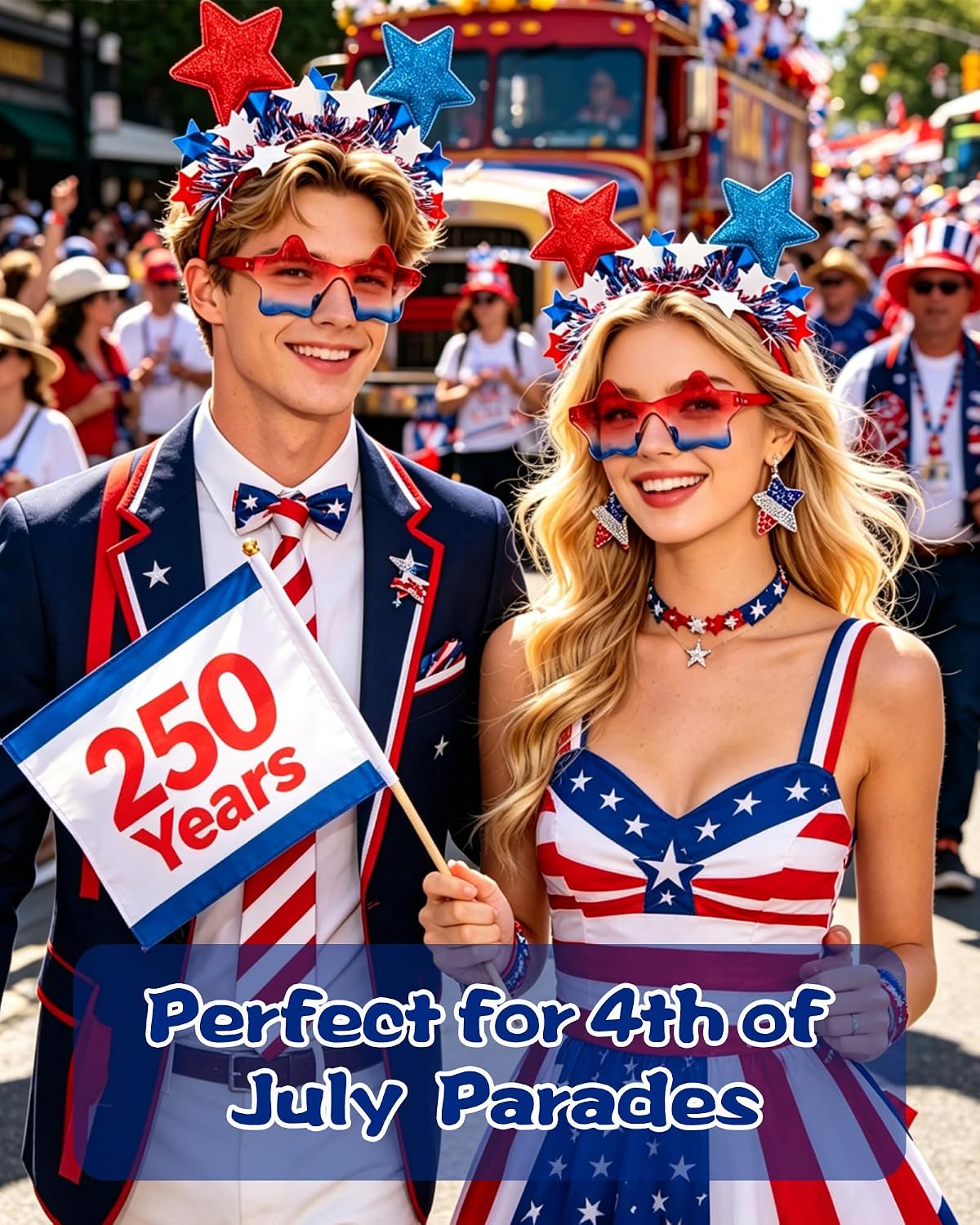 Hikkcos 4th of July Accessories Set for Women, 3 Pcs Patriotic Red White Blue Star Sunglasses Headband and Earrings for Independence Day Party