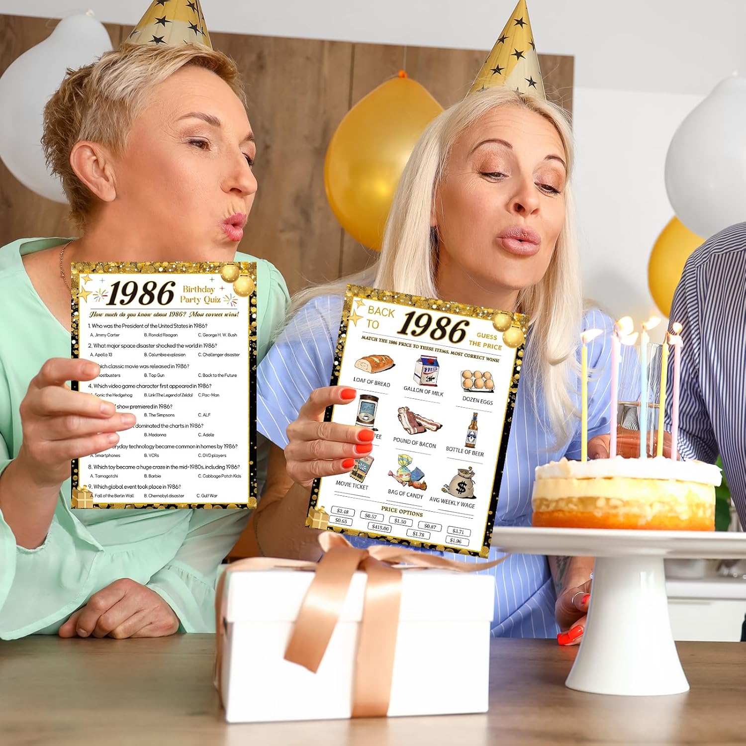 HOMANGA 40th Birthday Party Games, 1986 Quiz & Guess the Price Game Cards, Black Gold 40th Birthday Party Supplies for Men Women, Pack of 30 Cards