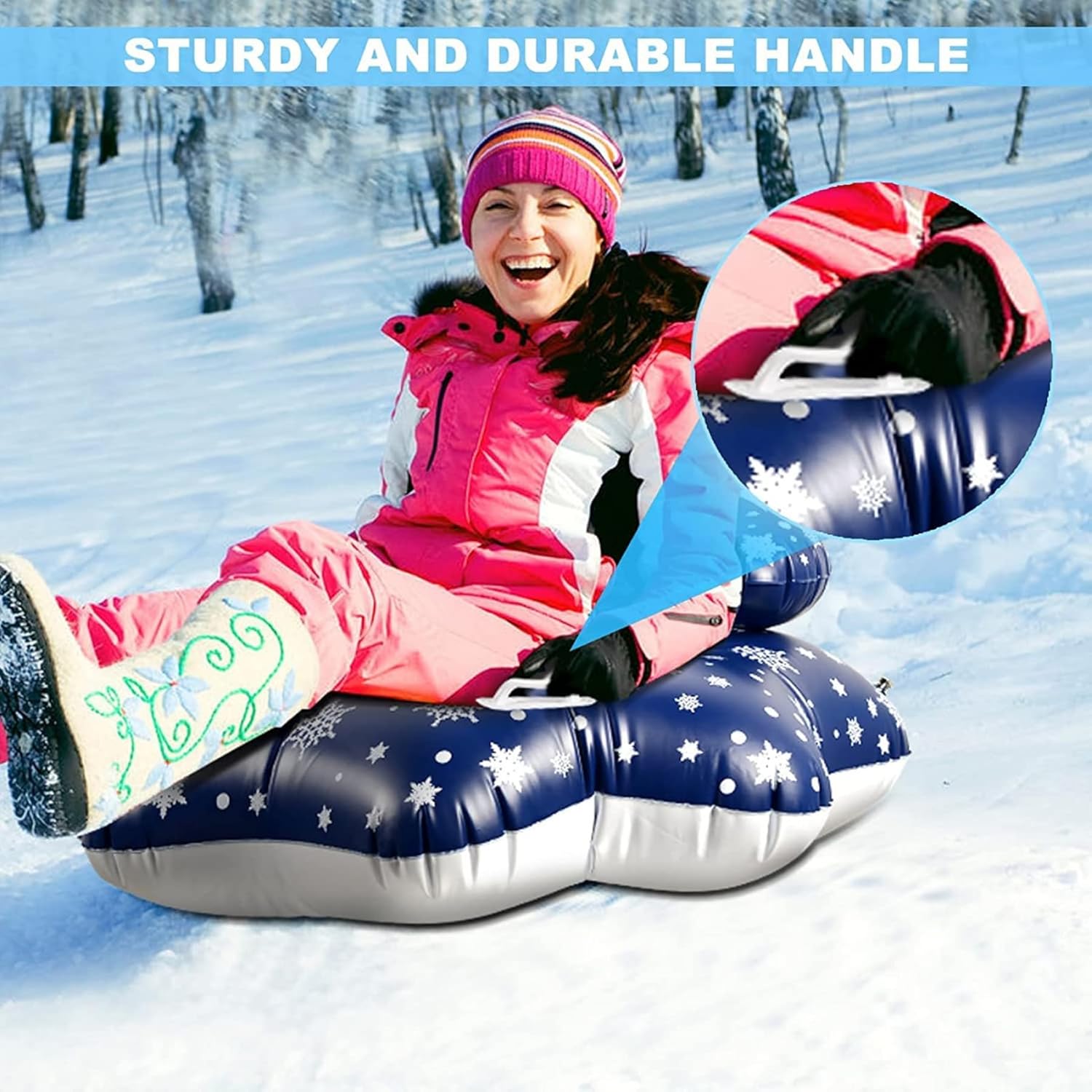 Snow Tubes Heavy Duty 43 Inch Inflatable Thickened Snow Sled with Back Support and Handle for Kids and Adults, Winter Outdoor