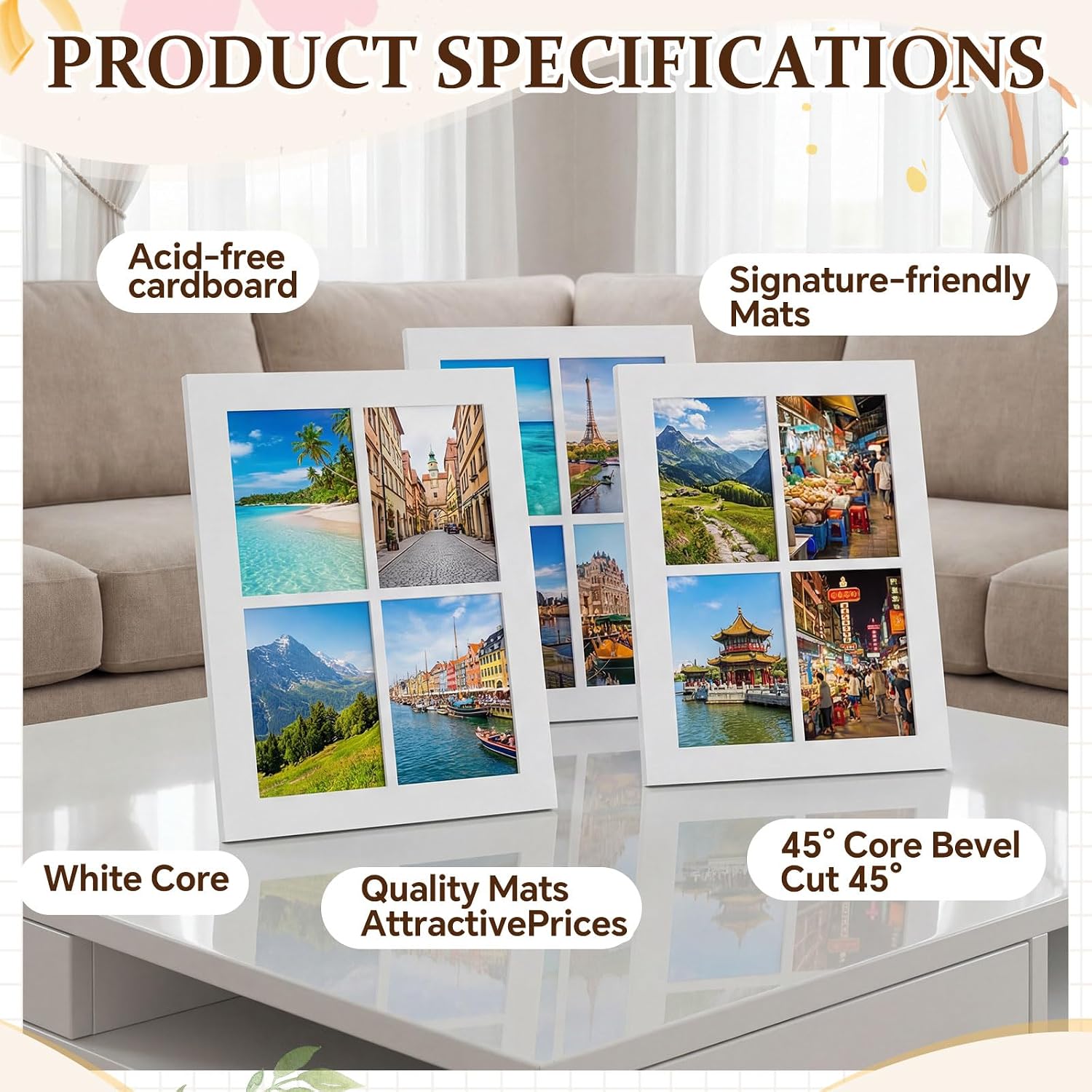 Maitys 10 Pack 12 × 16 Inch Picture Frame Mats for 5 x 7 Inch Collage Picture Frame, Displays four 5 x 7 Photos, Acid Free White Cardstock for Pictures Frames, 1.2mm Thickness, with Core Bevel Cut