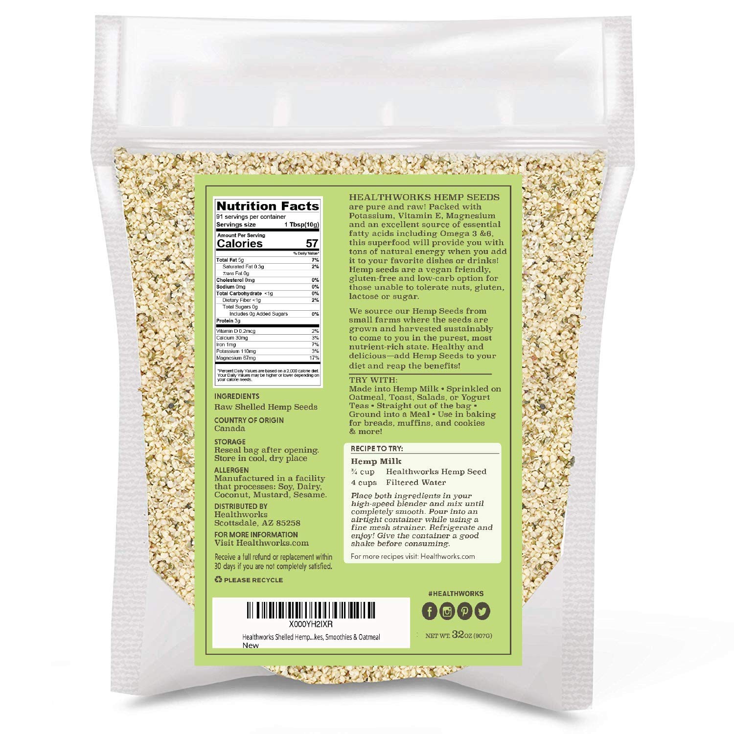 Healthworks Superfood Shelled/Hulled Hemp Seeds Canadian - 32 Oz / 2 Lbs - Premium & All-Natural - Contains Omega 3 & 6, Fiber and Protein - Packaging May Vary (Pack of 2)