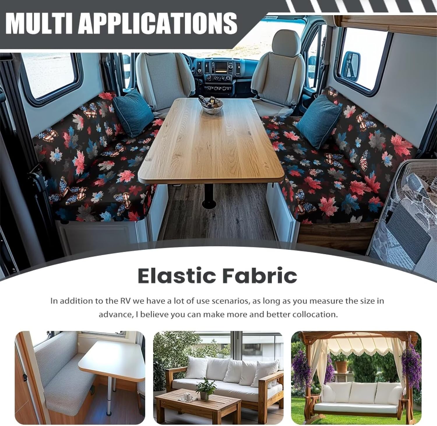 Boatee Americana Butterfly RV Dinette Cushions Camper Accessories Universal Slip Covers for Loveseat Stretchable Couch Cushion Covers Comfortable Furniture Covers for Sofa and Loveseat Black