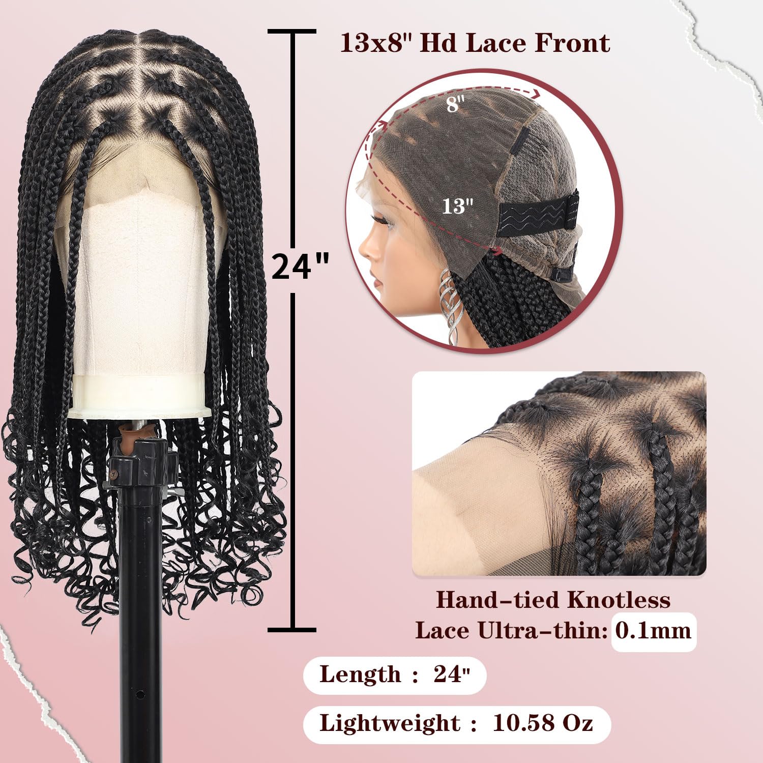 Kalyss 13x8 Hd Lace Front Knotless Braided Wigs with Curly Ends for Women Box Braid Wig with Baby Hair Black Synthetic Hair Braided Wig 24"