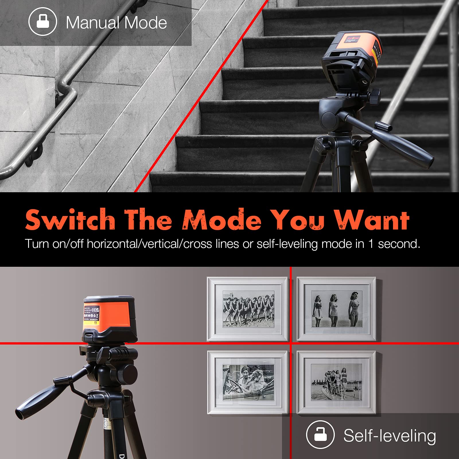 DOVOH Rechargeable Green Cross Line Laser Level - Self-Leveling, 66 Ft Range, 150° Angle, IP54, C2-120G