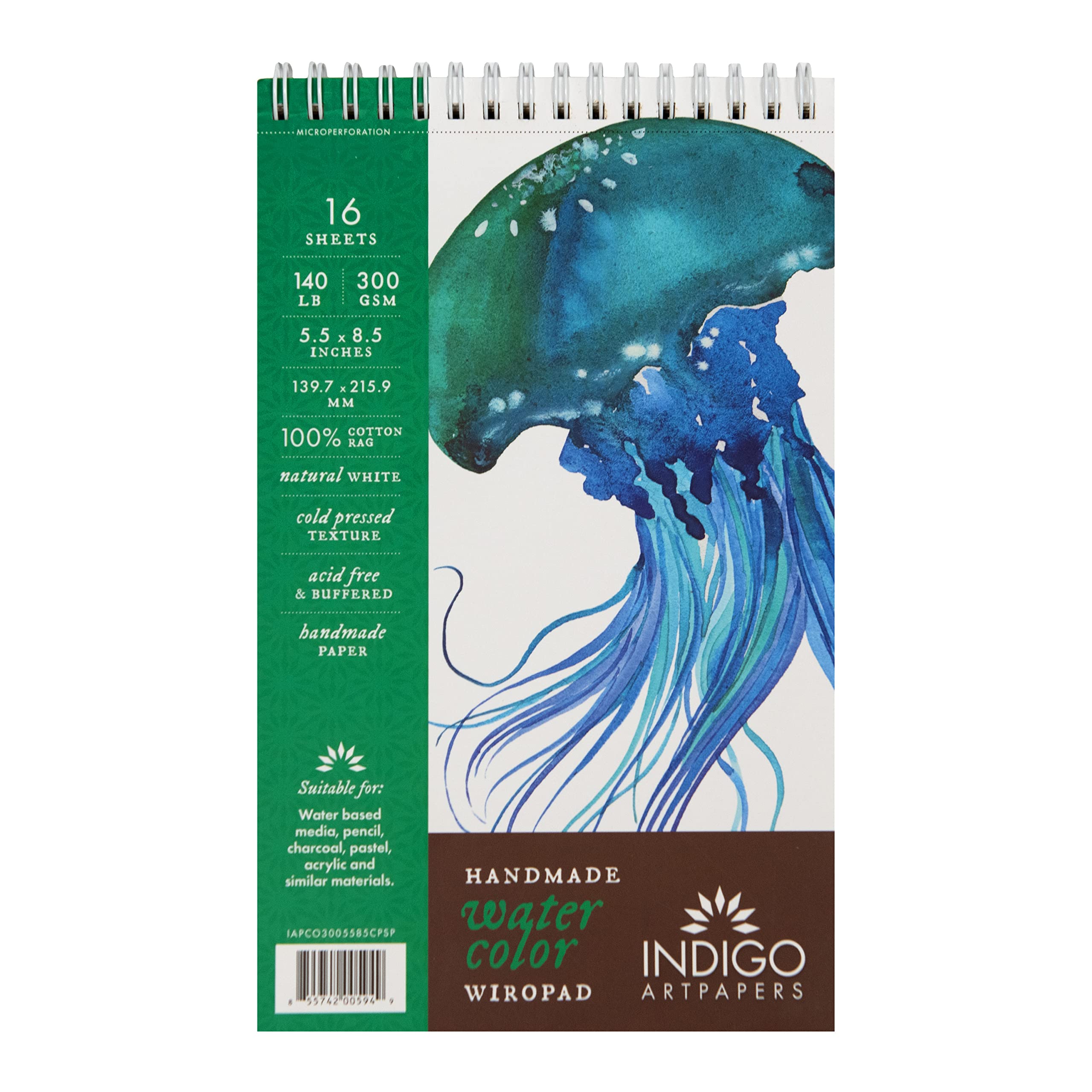 Indigo Artpapers Watercolor Paper Pad, 16 Sheets, 5.5x8.5 (140lb/300g) | Handmade 100% Cotton Rag, Cold Pressed Paint Paper, Acid-Free Water Color Paper Pad, Wirebound Watercolor Sketchbook Journal