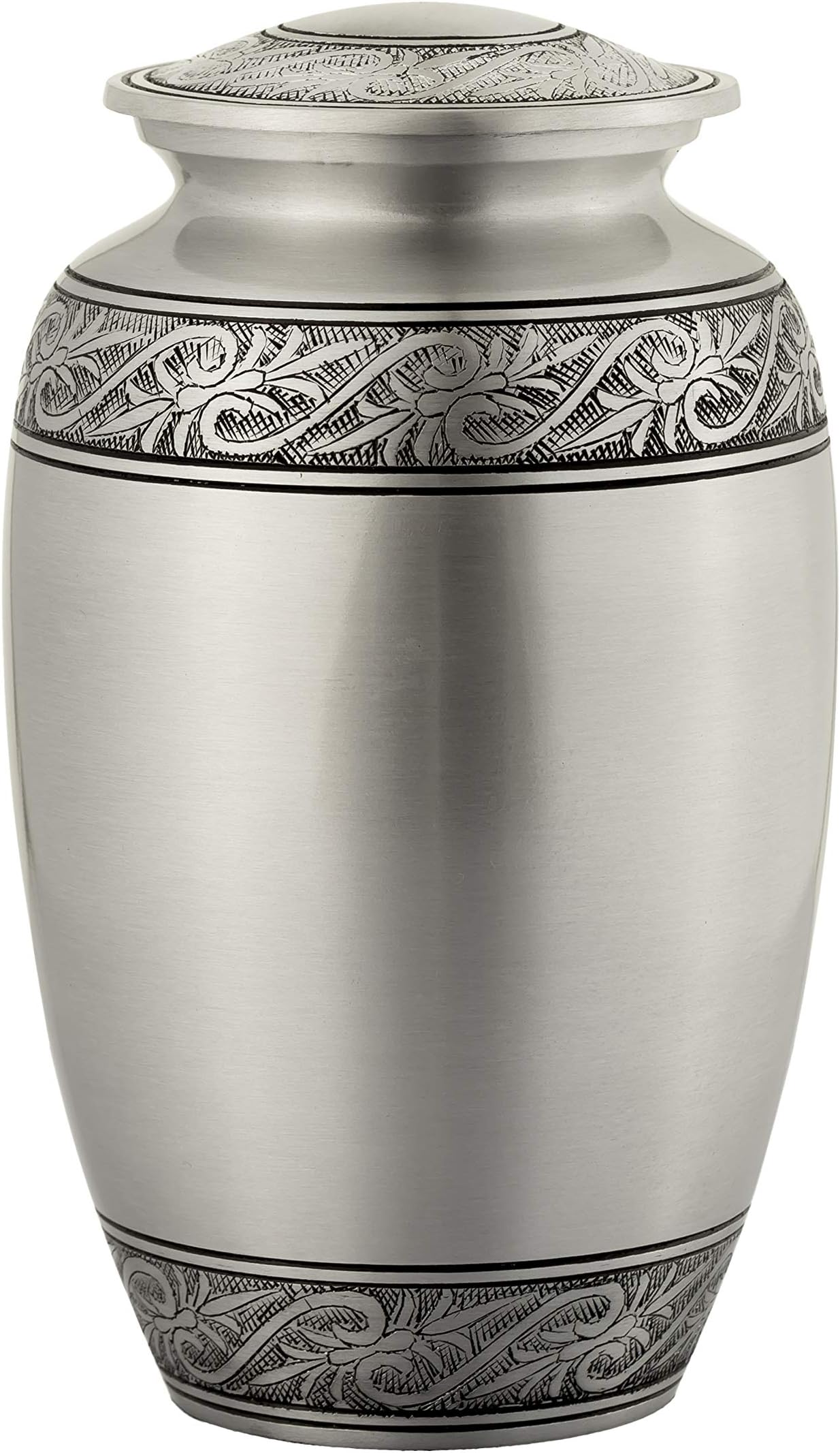 Enshrined Memorials Cremation Urn for Ashes - Electra Series Affordable Solid Metal Quality Handcrafted for Human Funeral Burial Large 10 inch, Silver with Leaves Classic