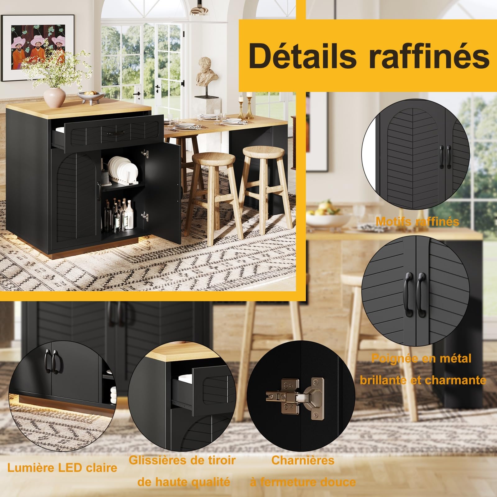 YEHTOKHOME Îlot Central Cuisine avec Plan de Travail Extensible 140-193 cm, Table de Bar avec Rangement, 2 Tiroir et 4 Portes, Armoire à Vin, Éclairage LED, pour 4-6 Personnes Salle à Manger (Noir)