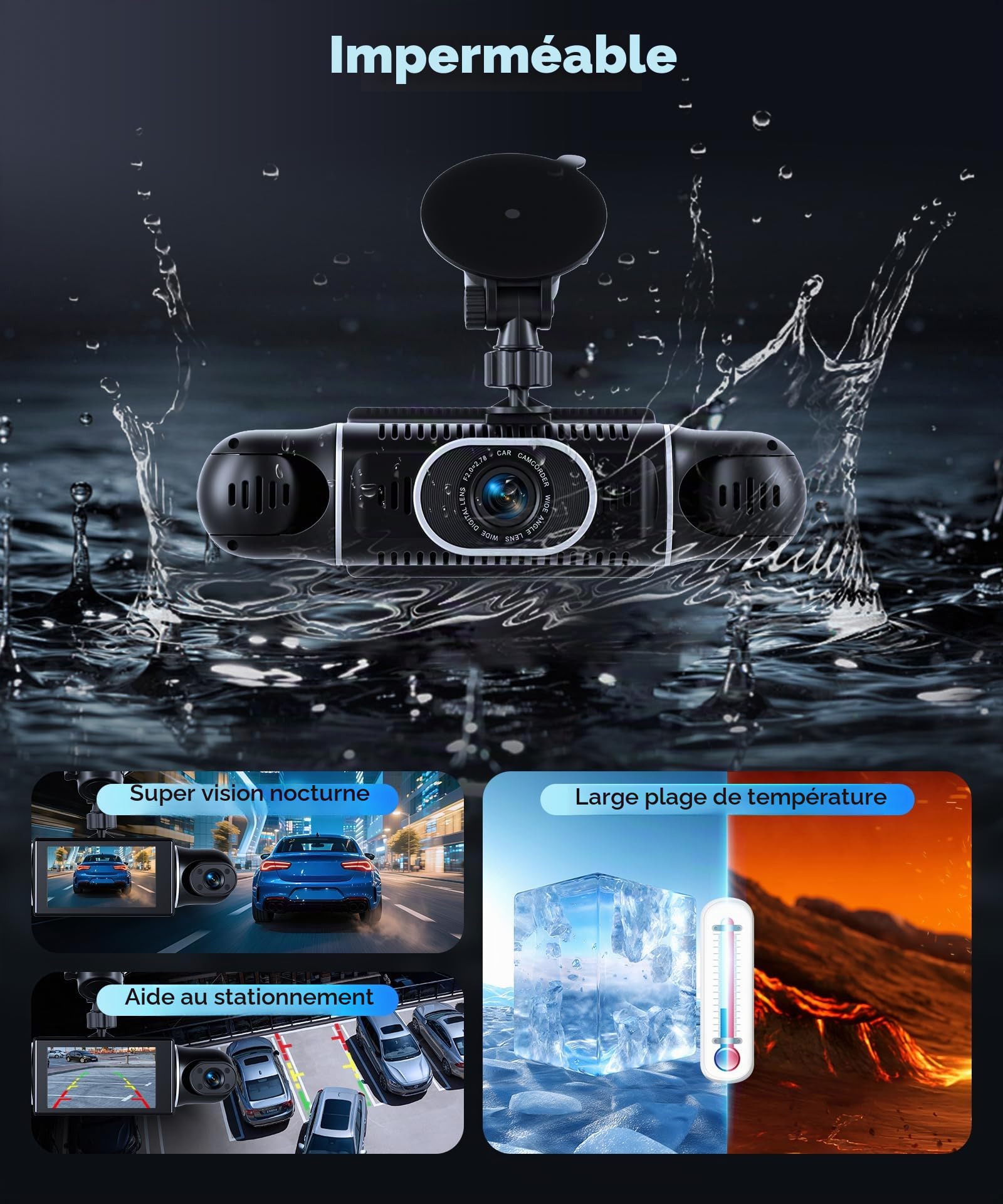 VECHTEL 2K Wi-FI Dashcam Auto avec Écran IPS de 3 Pouces Dash Cam Auto avec Vision Nocturne, SD 64GB Inclus, G-Sensor, 24H Mode Parking, Enregistrement en Boucle, Assistant de Recul