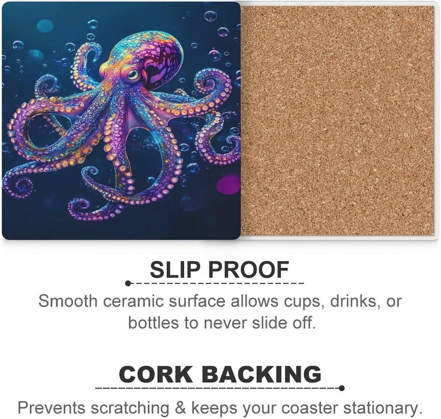 Octopus Ocean Ceramic Coasters Square Drinks Coaster Coffee Table Decor Table Coaster for Home Bar